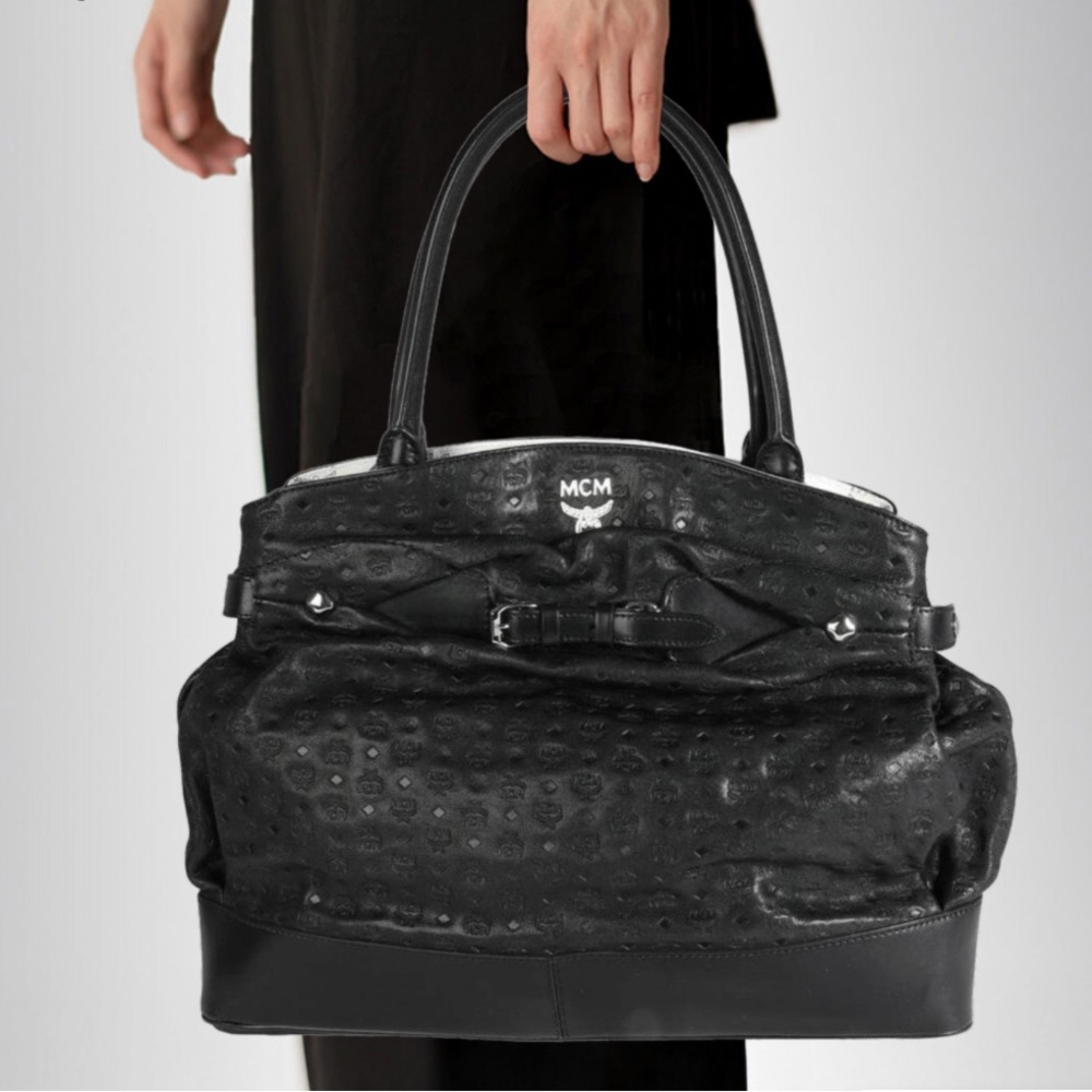 MCM Black Leather Embossed Visetos Tote